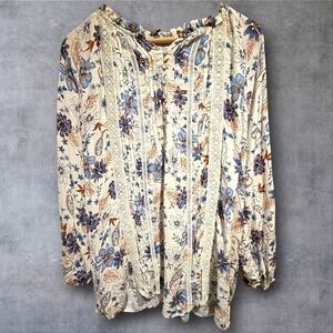 Cracker Barrel‎ Navy Floral Boho Peasant Blouse XL Lace Trim Rayon Cottagecore